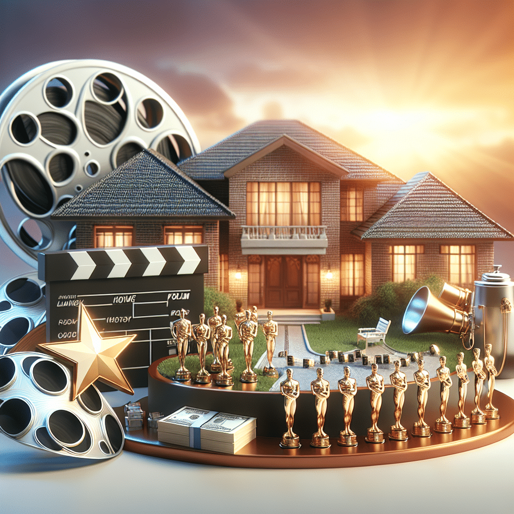 Visual representation of a successful acting career showing a film reel, award trophies, and a large luxurious mansion, indicative of high net worth. The scene is set with a soft sunset background, emphasizing a prosperous and thriving career. Please ensure there are no people or brand logos present in the image.