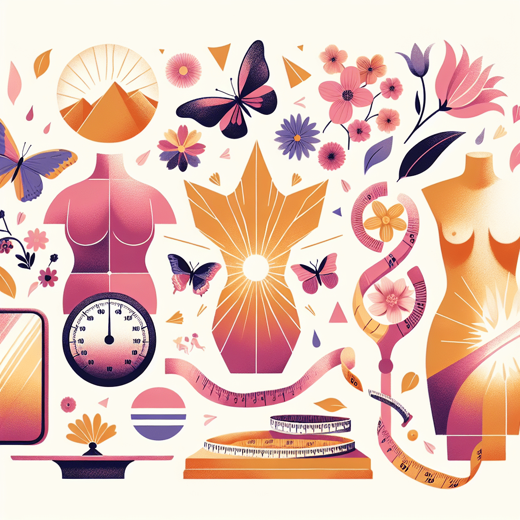 An abstract representation of political views and body positivity, without any humans or brand names present. Design symbols that could depict different political ideologies, placed harmoniously together implying a accepting, peaceful environment. For body positivity, illustrate some scales, measuring tapes, and mirrors, but instead of showing numbers or reflections, portray them bursting with flowers, butterflies, and sunlight, symbolizing self-love and acceptance. The overall image should feature warm, inviting colors such as soft pink, lavender, and a hint of gold, with gentle, fluid lines to evoke a positive, embracing atmosphere.