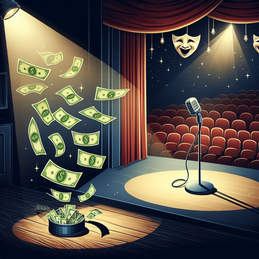 A visual interpretation of a successful comedian's career. Picture a stage with a microphone stand illuminated by a spotlight, the empty seats in the theater indicating the absence of people. A trail of dollar bills leads to the stage, symbolizing net worth. The elements of comedy, like the classic comedy and tragedy masks, hang in the background. Note the absence of any brand names, text, and people to respect the user's wishes.