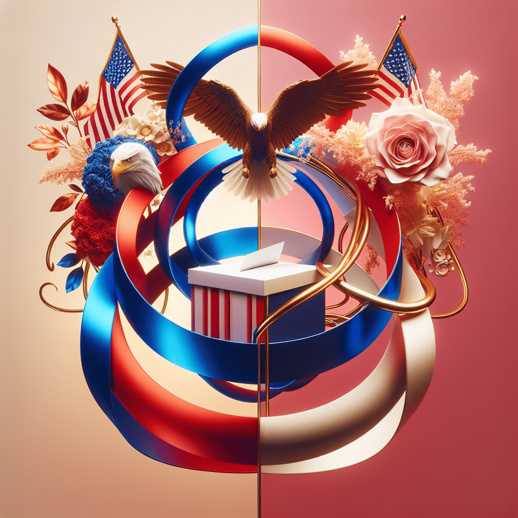 An abstract conceptual artwork, void of any human figures, focusing on the themes of politics and marriage. The left half of the image symbolizes politics with a ballot box, an eagle, and red and blue ribbons swirling around each other, whilst the right half showcases marriage with intertwined golden bands, a bridal bouquet, and soft background hues of pink and white. No text, logos, or brand names are present in the image.