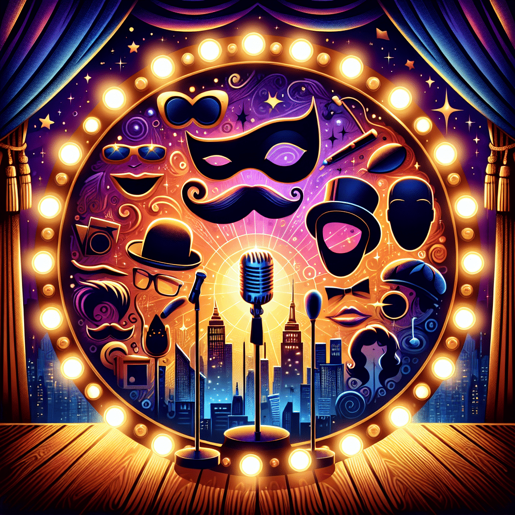 A lively and atmospheric composition of spotlight, stage setting and comedy props. A theatrical marquee light border surrounding the image, radiating warm, golden glow. There are silhouette figures of objects commonly used for impressions, like different types of hats, glasses, wigs, and microphones on stands. In the center of the image, a large, classic comedy mask, symbolizing humor and acting. The backdrop displays a vibrant, abstract representation of a city's night skyline. The color palette of primarily blues and purples represents the nightlife.