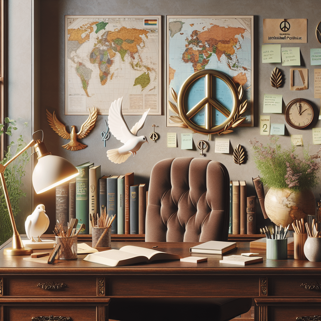 An elegant office view with symbols of activism and politics. Contents include a wooden desk holding several reading materials related to international justice, human rights advocacy, environmental preservation books, and symbols of peace like the dove or olive branch. Walls of the room feature world map, post-it notes with plans for charitable projects and a soft-glowing desk lamp. There's a velvet-upholstered chair behind the desk. All these, placed against the backdrop of a large window with a calming view of nature.