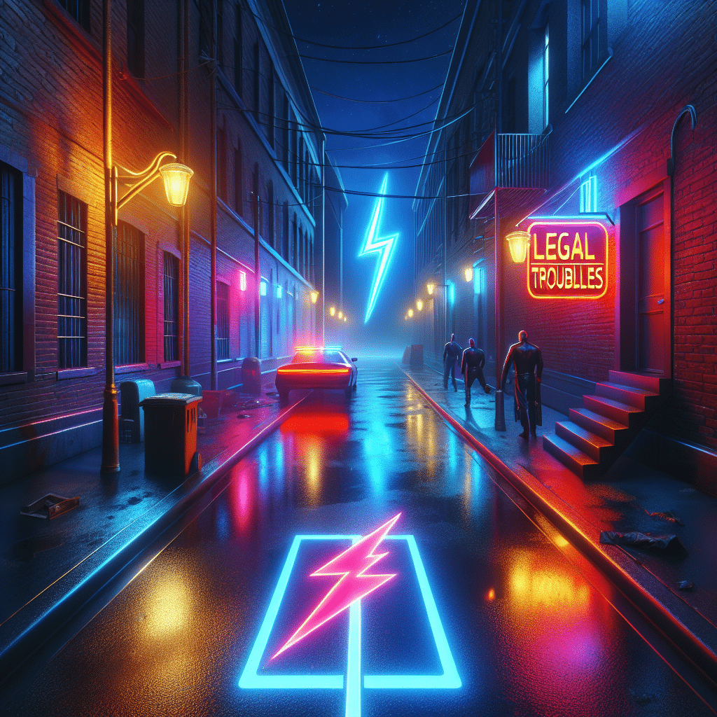 An image depicting an alleyway at night, lit with neon lights reflecting on a wet pavement. A couple of flashlights can be seen dimming in distance signifying legal troubles. To further illustrate this, include a lightning bolt in the sky symbolically representing the character 'Flash'. Remember, no text should be included anywhere in the image, including objects in the scene, and the image should not contain any visible people, brands or logos.