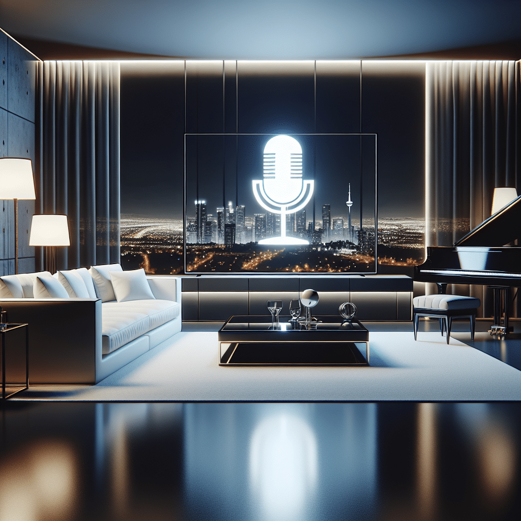 A scene of a minimalist luxury living room at night with high-end modern furniture including a sleek white sofa, a glass coffee table and a large flat screen television displaying a microphone icon, reflecting the concept of talk show hosting. The room has a stunning cityscape view beyond a large, floor-to-ceiling window. The lighting is soft and elegant, and a grand piano stands in the corner, all suggesting the generous net worth of a successful, unnamed talk show host.