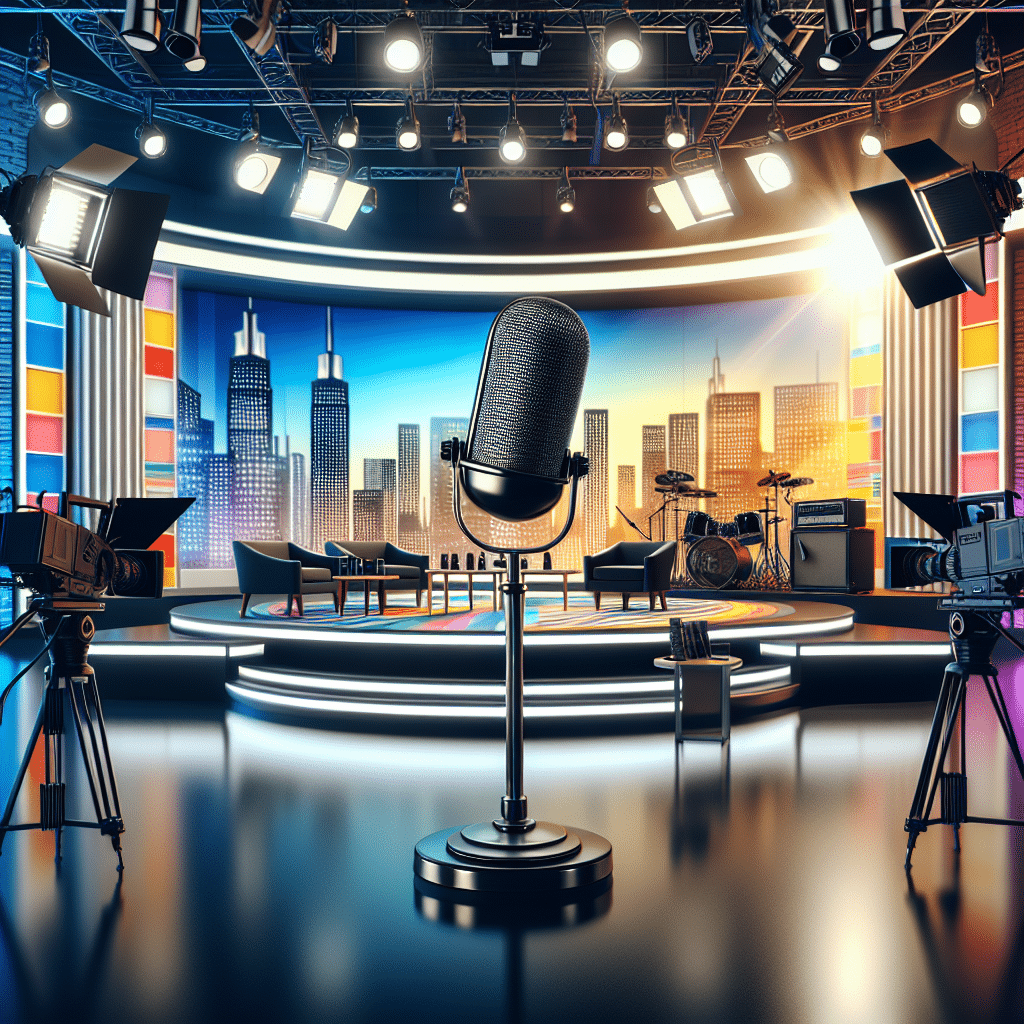 An image of a television studio interior, brightly lit with a sleek, modern design. Cameras and lights are aimed at an empty stage with a large, classic-style microphone affixed to a stand. A desk and chair, with a comfortable guest chair across from it, are in the background. The background sports vivid colors and a city skyline silhouette. A band area with various musical instruments sits to the side. There are no people, logos, text or brand names visible in the image.