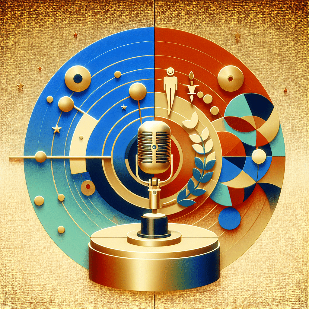 An abstract representation of a television show host's political beliefs and Oscar hosting experience. The image should include a microphone, a small circular stage, a faux-gold Oscar award, and a symbolic representation of differing political ideologies such as a balance scale with two plates of different colors representing contrasting viewpoints. Please avoid depicting any people, brand names or logos in the image. Also, do not incorporate any text items in the visual representation.