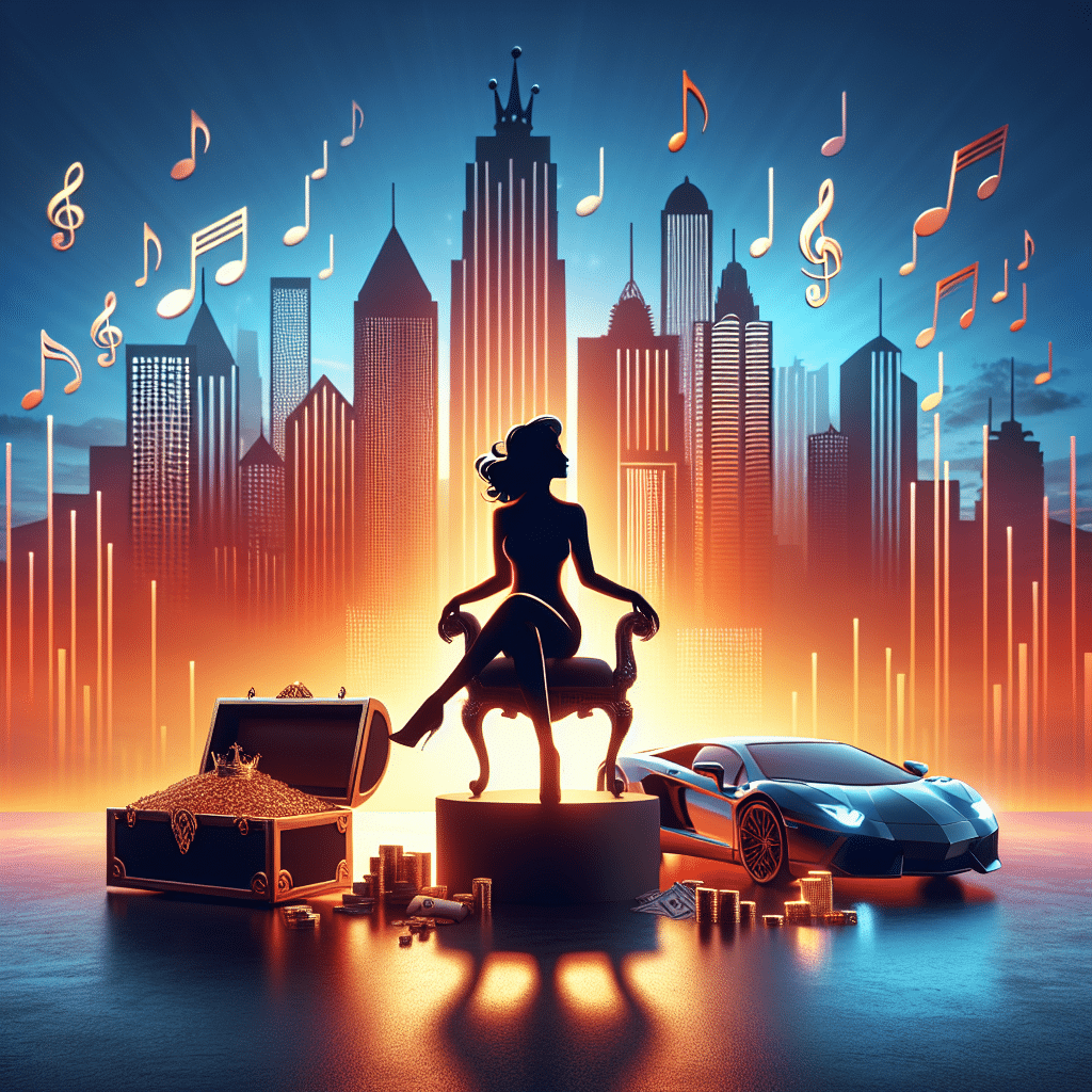A concept art inspired by the success and wealth of a generic female entrepreneur in the music industry. Show the silhouette of a female entrepreneur sitting confidently on a throne, symbolizing her empire in the backdrop of a city skyline during sunset with skyscrapers made of musical notes. Display lavish elements like a treasure chest filled with gold and a high-end sports car parked nearby, indicating her billionaire status. Make sure there's no presence of any human character, text, brand names, or logos in the image.