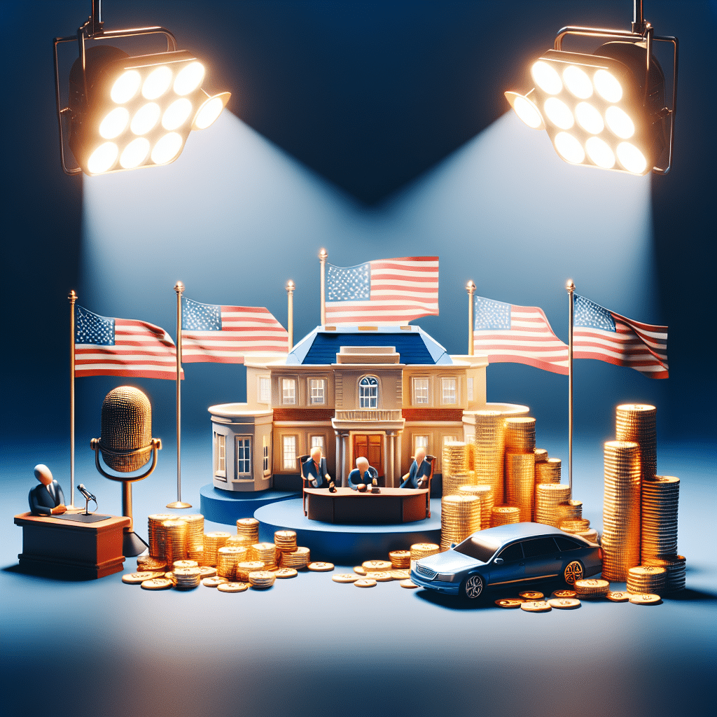 An image illustrating the concept of political commentary and financial wealth, without referencing any specific individuals. This image should not contain text, brand names, or logos. To represent the concept of political commentary, there might be a microphone, a news desk, and a national flag under spotlights, hinting at the atmosphere of a late-night show. For the aspect of net worth, there could be an abstract representation of wealth such as a large, luxurious house, an expensive car, and stacks of gold coins, all without specific brand iconography. No people should be in the scene.
