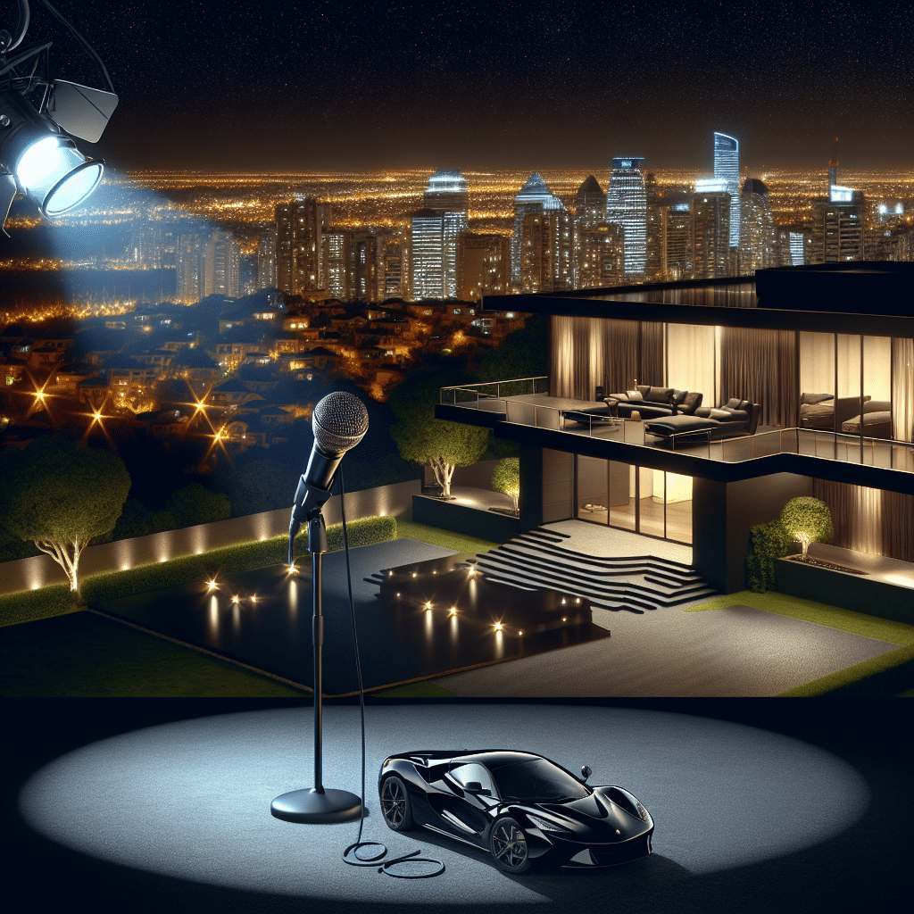 A nighttime cityscape with a well-lit building that symbolizes a television studio. In the foreground, a microphone is left standing alone on a dark, empty comedy stage, spotlight illuminating it. In the background, a luxurious, sleek and modern villa overlooking the city, illuminated under the star-filled night sky. A black, elegant, unbranded sports car is parked outside the villa, surrounded by lush greenery. Everything seen denotes sophistication, success and wealth.