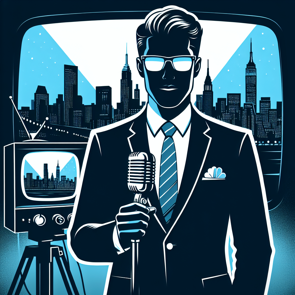 Illustration of a generic male figure standing in front of a television set-up, clutching a microphone. The figure is distinct in a suit and glasses, set against a backdrop displaying a silhouette of the New York City skyline illuminated at night. The image radiates success and hint at a prosperous career in broadcast media, without featuring any recognisable people, brand names, or logos.