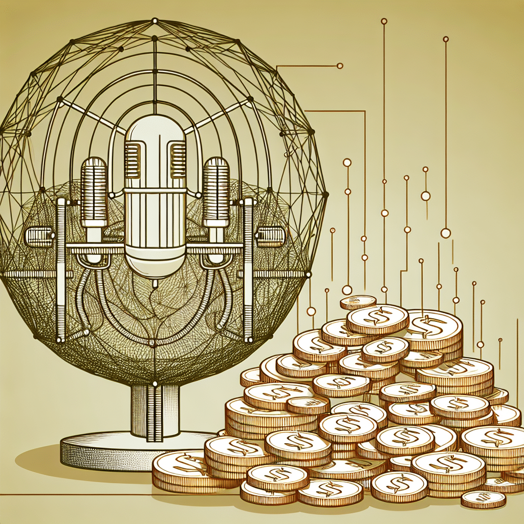 An abstract depiction of a podcast empire, represented by an intricate network of overlapping vintage microphones connected by contour lines suggestive of a web. To the side, a large pile of shimmering gold coins, indicative of great wealth. The color scheme should be neutral, and the style should be minimalistic and sleek to emphasize the tidy and organized nature of the depicted empire. No brands, logos, or identifiable individuals visible in the image.