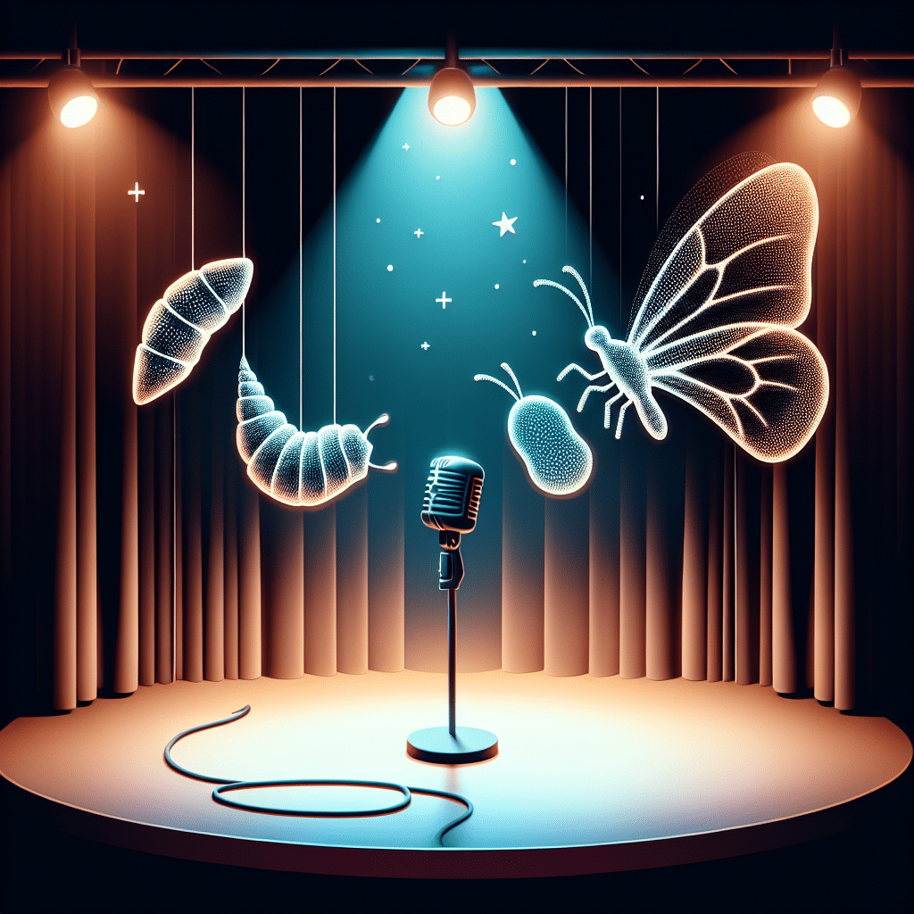 A minimalist representation of a comedy club's brightly lit stage with a microphone standing alone. In the background, there's an abstract, symbolic representation of a chrysalis morphing into a butterfly, signifying evolution. The overall atmosphere is filled with humor and laughter. The style is abstract and devoid of human figures, text or brand names.
