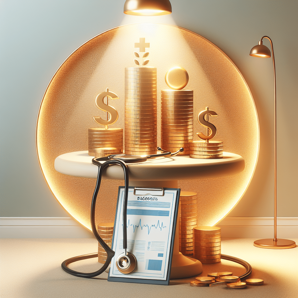 Illustrative image showcasing an abstract conceptualization of financial wealth, symbolized by a pile of shiny gold coins, and medical theme, represented by a stethoscope and a diagnosis chart on a round table under soft warm light. The room is designed in a minimalist style with a subtle color palette and devoid of human presence.