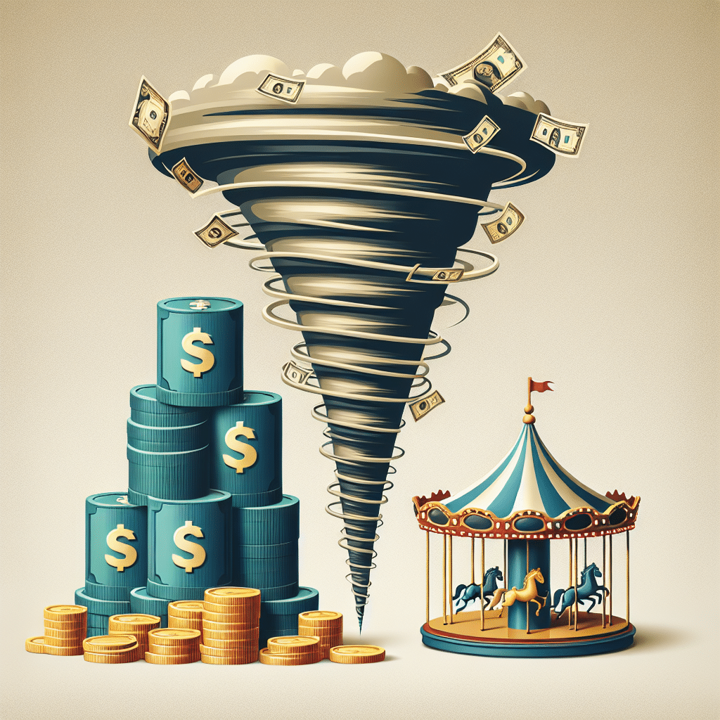 An illustration of a pile of gold coins and dollar bills indicating wealth, adjacent to a symbol of ongoing controversies like a carousel spinning in a dramatic tornado storm, all set against a neutral background. All elements are devoid of brand logos, text, living beings, or any specific personification.
