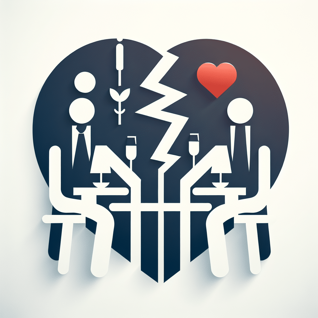An abstract representation of the concept of divorce and dating. No people are to be depicted, and the image should exclude text or brand names. Instead, focus on symbols that represent feelings of separation, such as a split heart, and symbols of dating, like a dinner table set for two. Remember to keep everything neutral and abstract, conveying the concepts without focusing on any specific individual or brand.