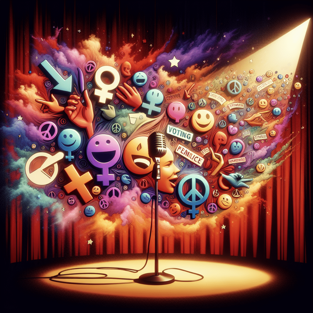 An abstract concept representing a comedy revolution that does not use any human figures. Picture a brightly lit stage with a single microphone standing in the center. The microphone is surrounded by a flurry of diverse symbols: voting ballots, peace signs, the scales of justice, laughing faces, and the universal symbol for female. These symbols mingle and swirl in a surreal, animation-like manner, to represent the idea of political views blending with comedy. The background is a mix of warm and cool colors to create contrast and to further convey the concept of a revolution. Please avoid any specific brand names or logos.