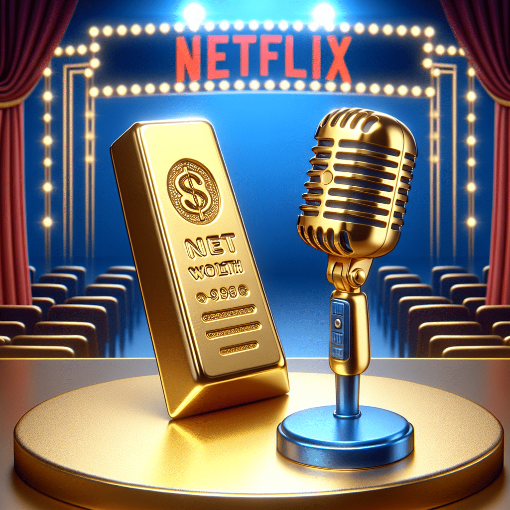 Illustrate an image presenting the concept of net worth depicted as a gold bar and a retro-style comedy microphone to represent Netflix specials. The background can be a grand stage, without any humans present. Make sure no brand names, logos, or texts appear within the image.