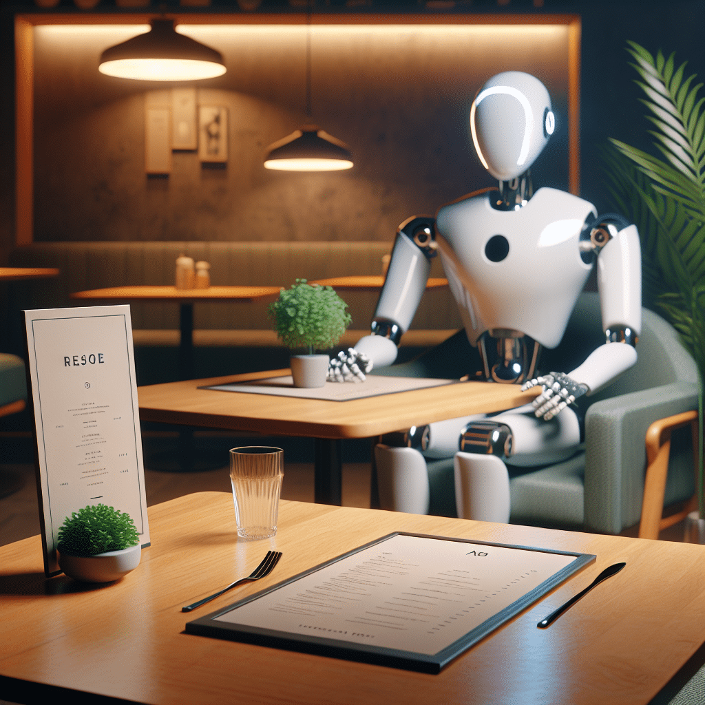 An image showing a humanoid robot sitting alone at a chic contemporary cafe, awaiting its order. It possesses a sleek metallic framing with a glossy silver finish. In front of the robot is a quaint wooden table, with a luscious green plant in a simple ceramic pot, an empty glass, and a menu devoid of text. The ambiance is further elevated by dimmed warm lights and the mid-century modern decor. No people are present in the scene, and all objects are void of brand names, logos, or any form of text.