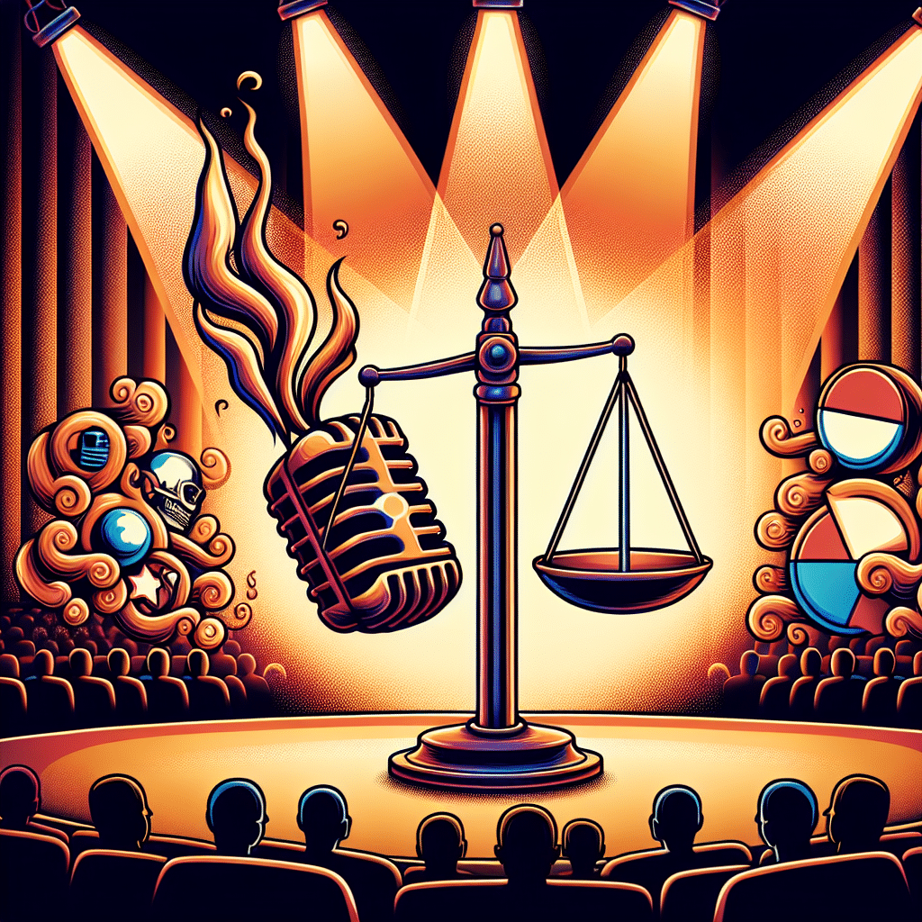 A symbolic representation of a comedienne's roast success and political views, void of human presence. On one side, a smoking microphone signifying a successful comedy roast, juxtaposed to a balanced scale representing political neutrality. Around these symbols, an ambiance of a comedy club with a stand and spotlight, all against a background of a colorful laugh track. Remember, no text or brand names, logos, or people should be visible.