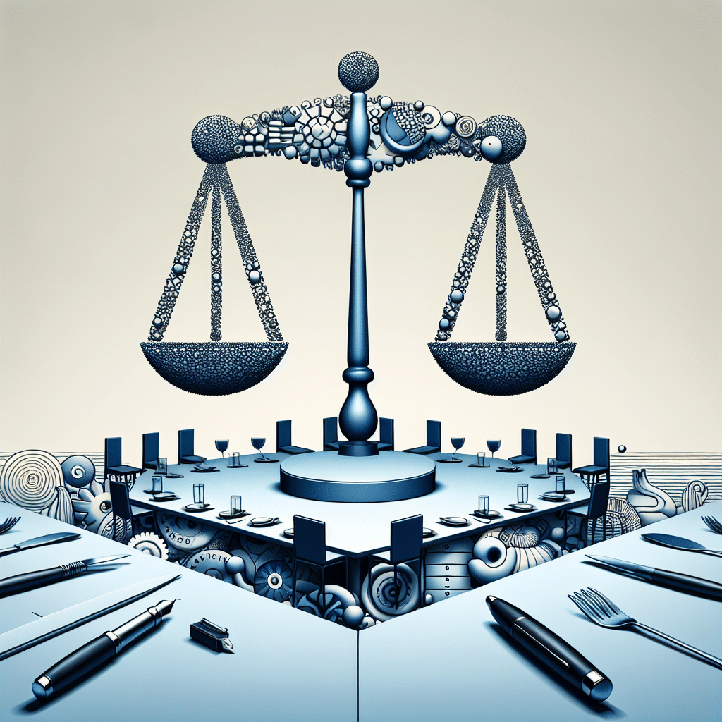An abstract representation of political viewpoints using various symbolic elements such as a scale for balance, a pen representing correspondence, an empty table implying the concept of a dinner event. Ensure that there are no people, text, brand names or logos in the image.