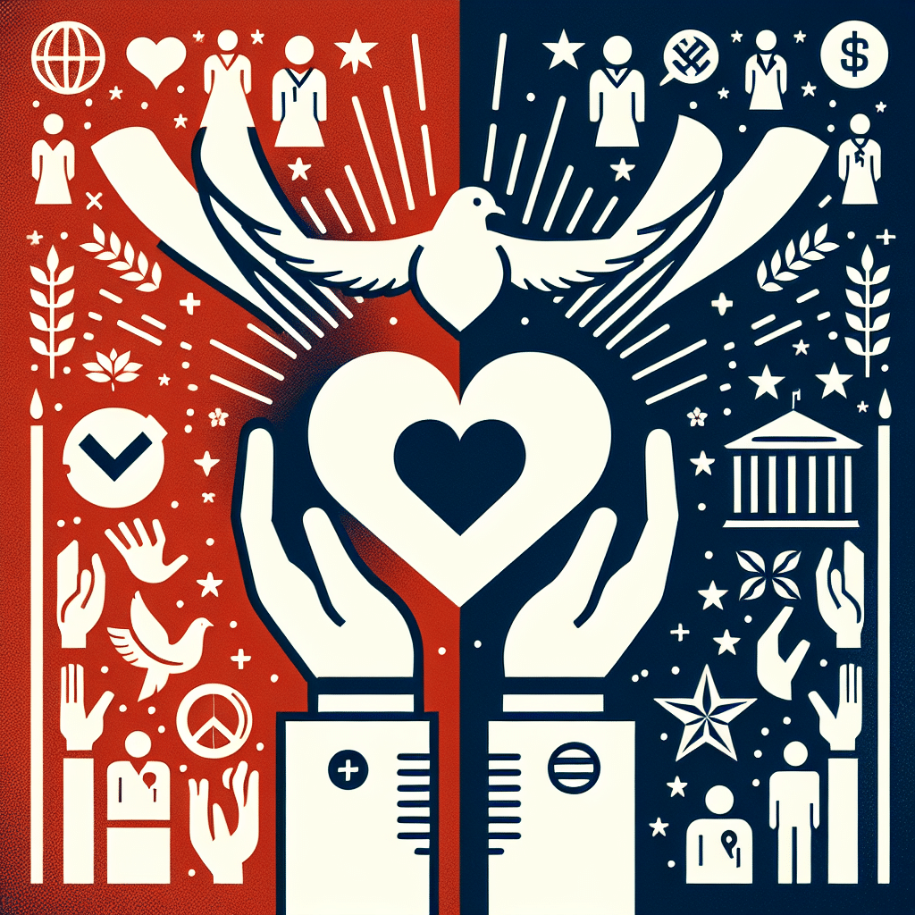 Create an image depicting symbols and icons related to philanthropy and politics without including any specific personalities, brand names, logos, or text. The philanthropic aspect can be represented by heart-shaped icon or by showing hands sending forth rays of light, symbolizing generosity and helping others. The political side can be shown by depicting a white dove carrying an olive branch - a universal symbol of peace and diplomacy.