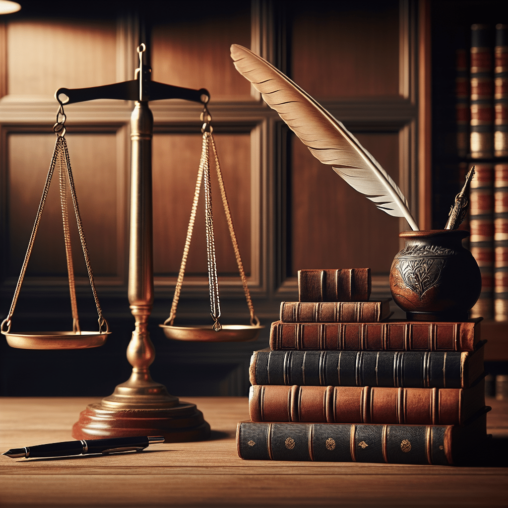 An image symbolizing political views and a prestigious education. To represent the political views, a balance scale evenly balanced, placed at one side, signifies equality, justice, and democracy. On the other side, a stack of old, leather-bound books, a quill pen resting on top, denoting a classic education, perhaps from a prestigious institution. Set the scene in a cozy study room with wooden panels, a muted lamp in the background casting a warm glow. Please note, no people, brand names, logos or text should be included in the image.