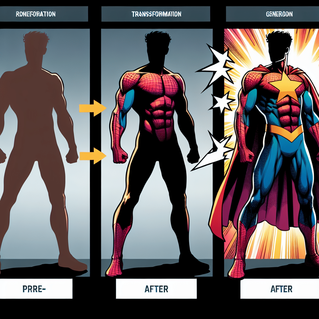 A conceptual image representing a body transformation and a tied in Marvel superhero role, without featuring people or text. Visualize a blank silhouette of a man in frame left, signifying pre-transformation, progressively getting more defined and muscular towards frame right, indicating post-transformation. In the same sequence, incorporate subtle elements of a superhero outfit - a vibrant cape and a generic symbol of star on his chest. No brand logos or text should be included, adhering to the concept of anonymity and transformation. The color palette should be vibrant, reflective of comic culture.