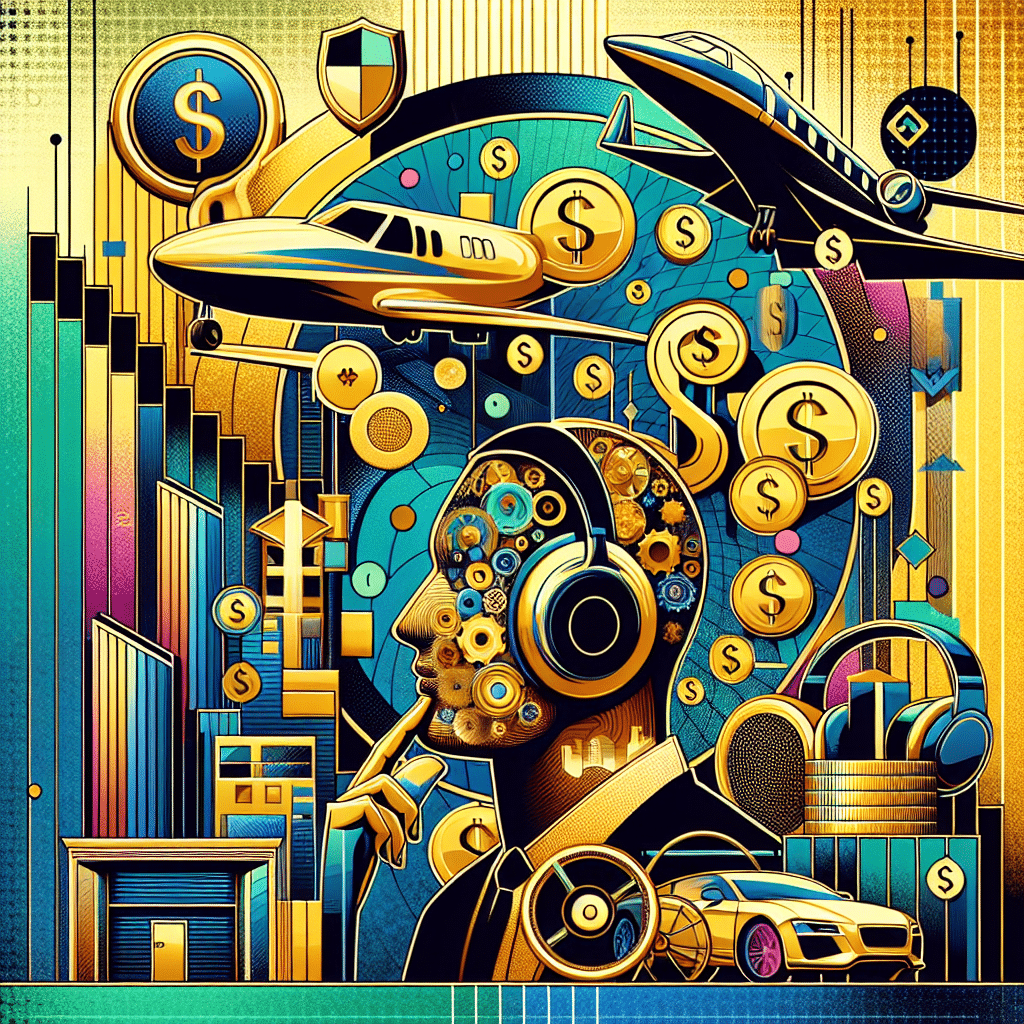 An abstract representation of wealth and entrepreneurship without showcasing any particular person or text. The image includes symbols associated with finance, such as gold coins, dollar signs, high-end luxury items like a private jet and a sleek car, and the facade of a tall corporate building without identifiable logos. A pair of headphones and a microphone suggest the music industry. The image is rendered in bright, bold colors: golds and greens for wealth, and vibrant blues and pinks for creativity and innovation.
