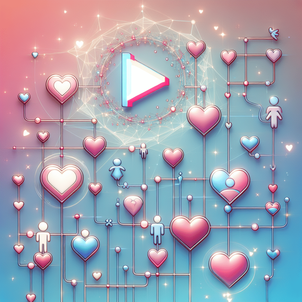 An abstract representation of dating history and social media popularity, without including any people. Imagine a delicate chain of interconnected heart symbols, each one unique to convey different relationships over time. Couple this with a symbolic representation of TikTok fame such as an iconic play button depicted in a huge size, indicating the immense influence and reach. Use soft pastel colors to create a vibrant but gentle visual impact. No text or brand logos should be included in the image.
