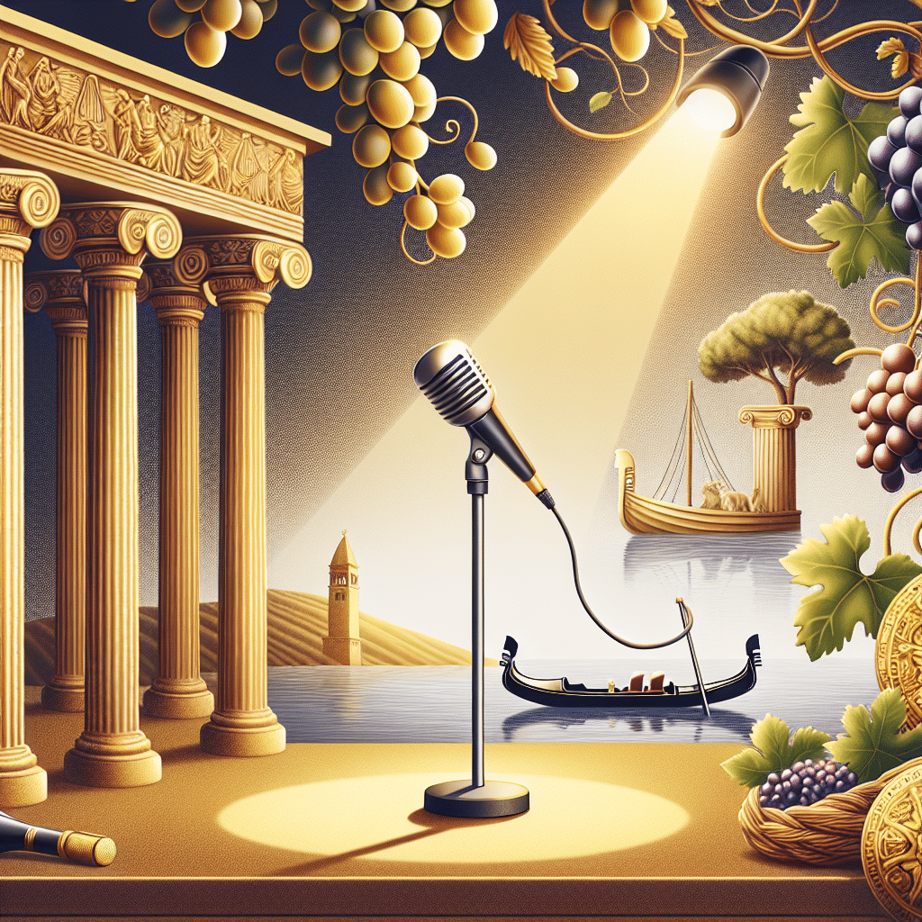 Create a symbolic representation of a successful comedian, without revealing the person's identity. Show a stage mic standing in the spotlight on an empty comedy stage, symbolizing their career. Adjacent to this, depict symbols of Italian heritage, including a classic roman column, a vine of ripe grapes, and a gondola floating on a serene canal. All this against a backdrop that gives an impression of wealth, possibly a golden hue or luxurious setting. No people, text, brand names or logos should be present.