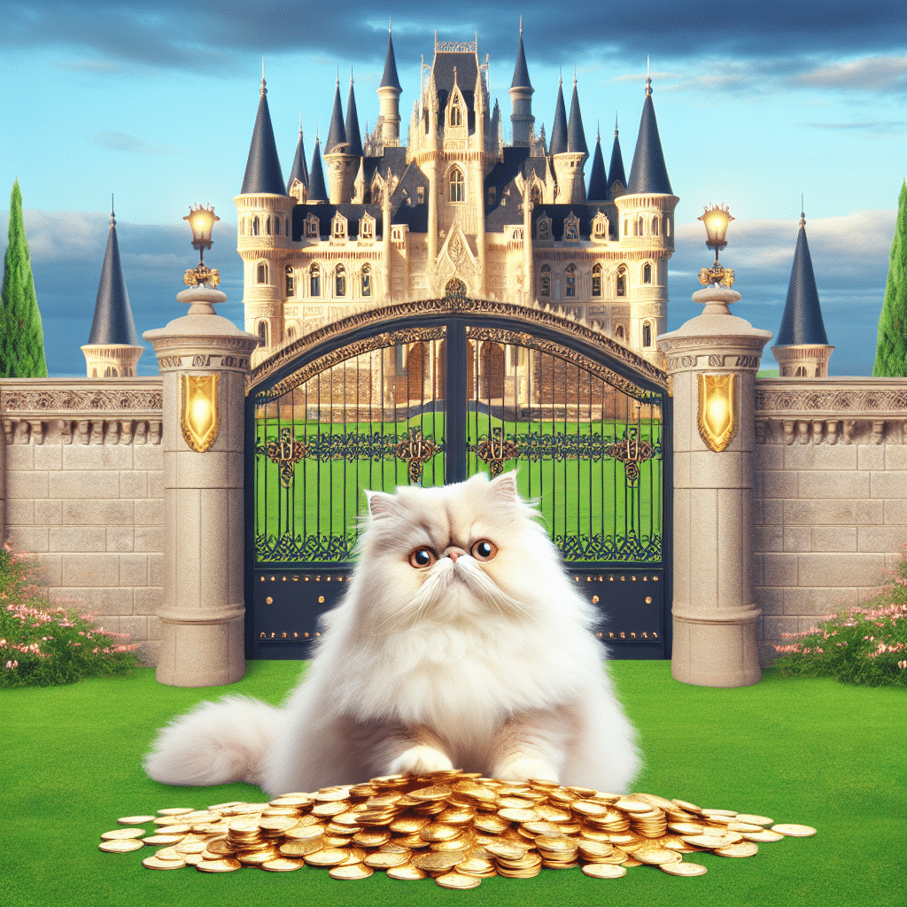 An image that symbolizes an entertainment empire - a large, luxurious, ornate castle rising under a cloudless sky on a lush, green landscape. At the gate, a jovial, fluffy white Persian cat with a playful look in its eyes sits, playfully pawing at a pile of gold coins in front of her. There are no people, text, or brand names in the image.