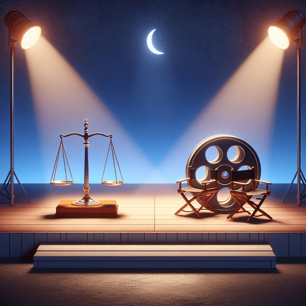 A conceptual scene that denotes a discussion of someone's political views and a partnership in the comedic film industry. Imagine a stage with two separated spotlights indicating two distinct entities. On the left, portray a set of balanced scales, a widely recognized symbol of justice and political debate. On the right, an old-school film reel and a director's chair to represent the movie industry. All these elements should be in a simple, cartoonish style. The background should be a serene twilight sky with a crescent moon. No brand names, logos, or people should be depicted. Also, no text should be featured in the image.