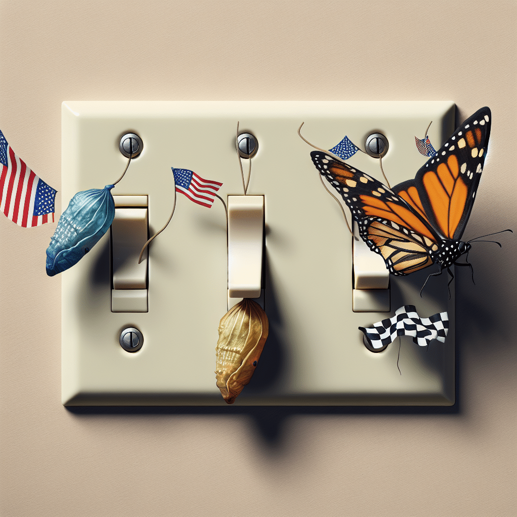 An image representing the concept of political transformation without including any specific individuals or text. It demonstrates this with the metaphorical elements of a chrysalis morphing into a butterfly, combined with a switch symbolizing change. There are checkered flags on the sides, indicating different political views. The overall color palette is neutral to avoid any association with specific political parties. Note there are no brand logos or text within the image.