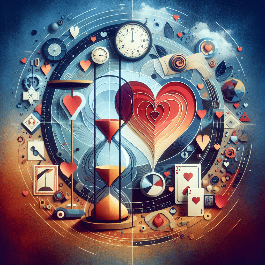 An abstract image capturing the concept of time passing and romantic relationships, without featuring any people or text. The image should include different elements that symbolize time, such as an hourglass, a sundial, and a calendar in a nondescriptive and abstract manner. Use romantic icons like overlapping hearts to depict relationships. To add a playful element, also include playing cards to hint at the game of dating. Note: the composition should be abstract and not contain any logos, brands or explicit references.