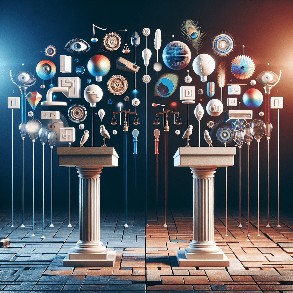 An abstract representation of a lively debate in a modern society setting. Two classic podiums placed opposite one another, surrounded by a variety of symbolic objects such as a pair of balancing scales, a lit bulb, an eye, a rainbow flag, a peacock feather, and a magnifying glass. The environment is a blend of modern and traditional, with brick walls and futuristic holograms standing side by side. No humans, text, brand names, or logos are included in the scene.