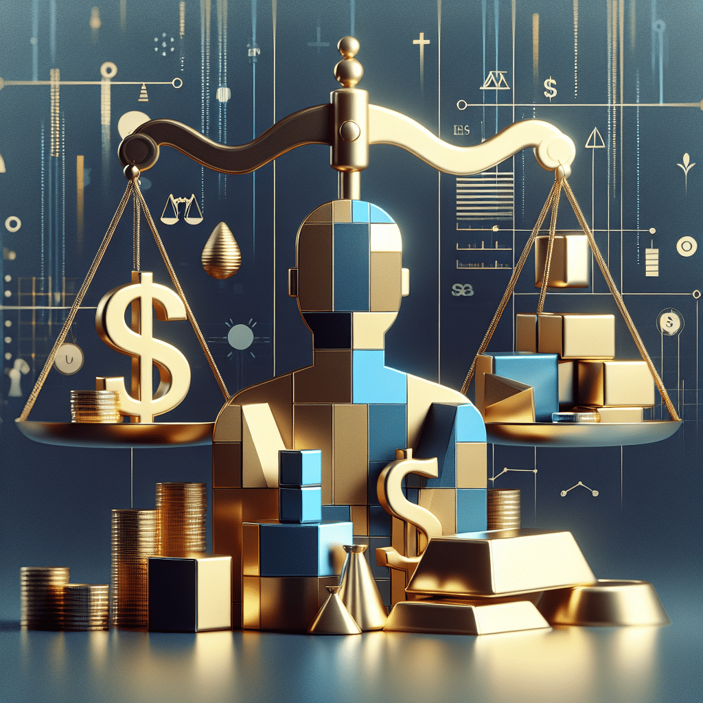 A symbolic representation of financial wealth, exhibited through generic currency symbols, gold bars, and balance scales to indicate legal issues. Abstract shapes and patterns replace people, with no visible brand logos or names. The image should capture an essence of wealth contrasted with conspicuous legal matters, captured within a tasteful color palette of cool and warm tones.