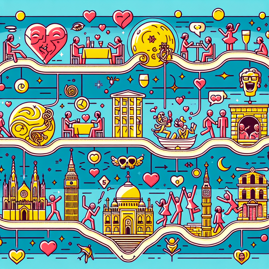 An abstract representation showing different phases of romantic relationships through various symbolic icons such as hearts, dinner dates, and walks under the moonlight, arranged in a timeline fashion. Simultaneously, a few famous architectural monuments with people laughing represented as comic strip style bubbles to signify worldwide comedy tours. Must not include any individuals or any well-known logos or symbols.