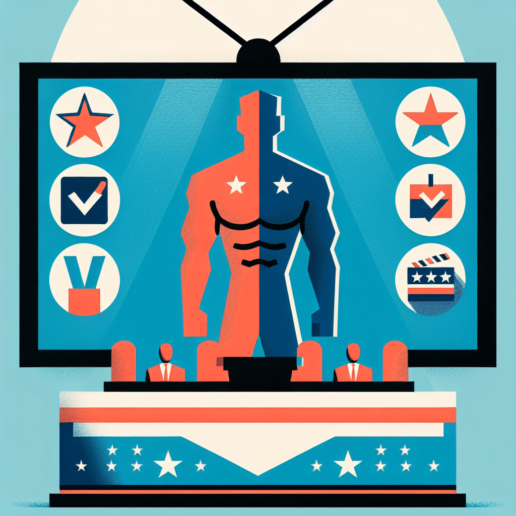 An image representing a debate setting with a television screen. On the screen, show an abstract silhouette of a tall muscular figure, indicating a generic entertainer. Around the figure, symbols related to television broadcasting and voting such as a star, a TV show stage set, and a voting box. No people, brand names, logos or text are depicted in the image. The color scheme is vibrant and engaging, further solidifying the relation to the entertainment industry and political matters. The design is simple and minimalist.