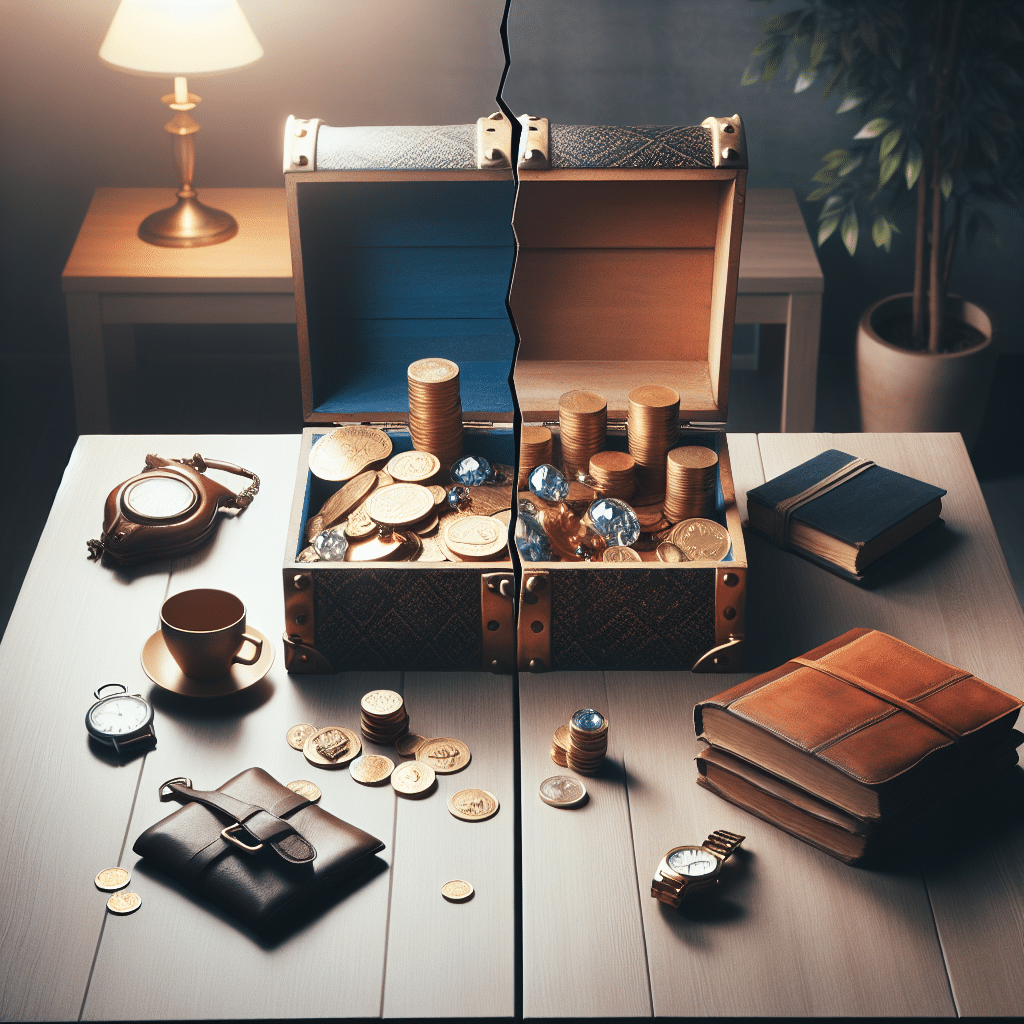 An image depicting the concept of financial change after a divorce, without referencing specific individuals or brands. In this image, one can see a symbolic representation done by showing an overflowing treasure chest, now split into two equal halves on a table. The table is in a generic room illuminated with soft light. On one side of the table, the half of the chest shows valuable items like gold coins and precious gemstones, and the other half contains common everyday objects like books, an empty coffee cup, and a simple wristwatch. All the items are unbranded.