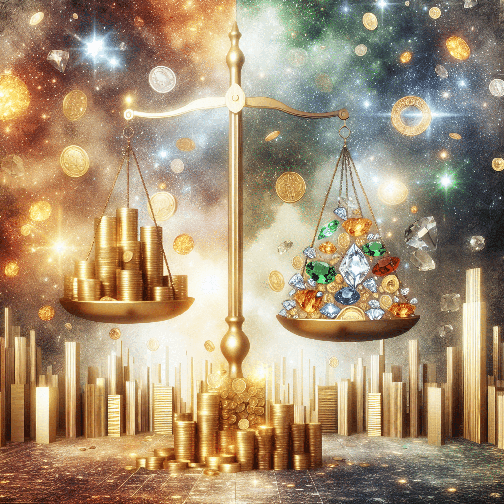 An abstract representation of the concept of increased wealth without utilizing people or brand names. Imagine a traditional balance scale, with one side heavy with coins and gemstones, indicating wealth, while the other side is empty, indicating lack. Skyscrapers made of gold and precious stone are in the backdrop, symbolizing a city skyline composed of riches. The sky is filled with sparkling, shining stars indicating prosperity. The color scheme is rich with gold, emeralds, rubies, and silver intended to denote affluence and luxury.