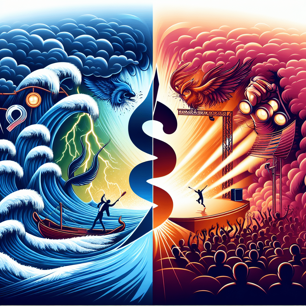 Illustrate an abstract representation of dual concepts: health struggles and triumph in a performing tour. Depict the health aspect as a stormy sea symbolising challenges faced by a successful entertainer. Ensure that there are factors such as high waves and lightning. On the other side, depict a grand stage with spotlights and applause, signifying the success and achievements in a tour. Both these elements should be merging at the center forming a unique blend of struggle and success. However, refrain from including any human figures, text, brand-names or logos in the visual.