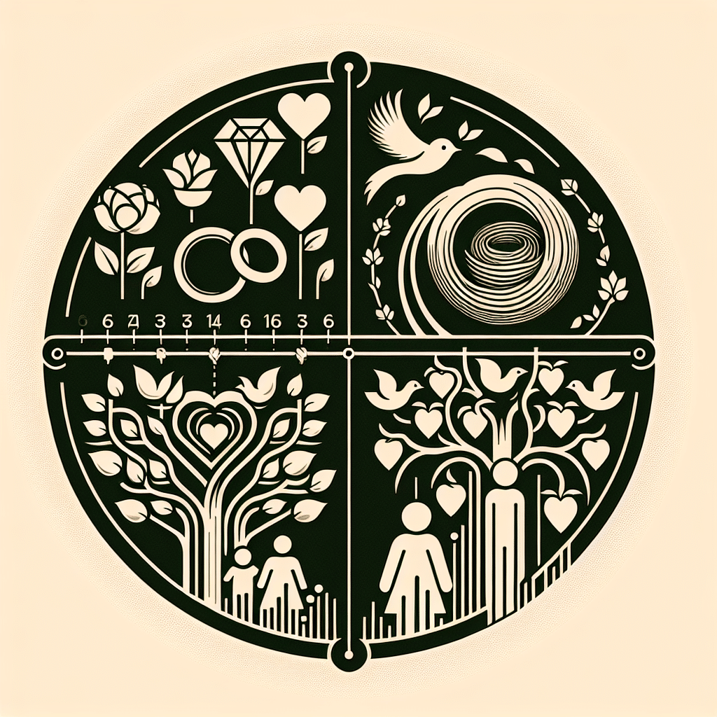 An abstract representative image showing symbols for love, relationships, and family. Display a dating timeline on one side, with heart, ring, and roses symbols. On the other side, visualize the concept of 10 children using birds leaving a nest or trees with 10 fruits. Maintain a neutral and serene color palette to induce calmness and avoid any brand affiliations.