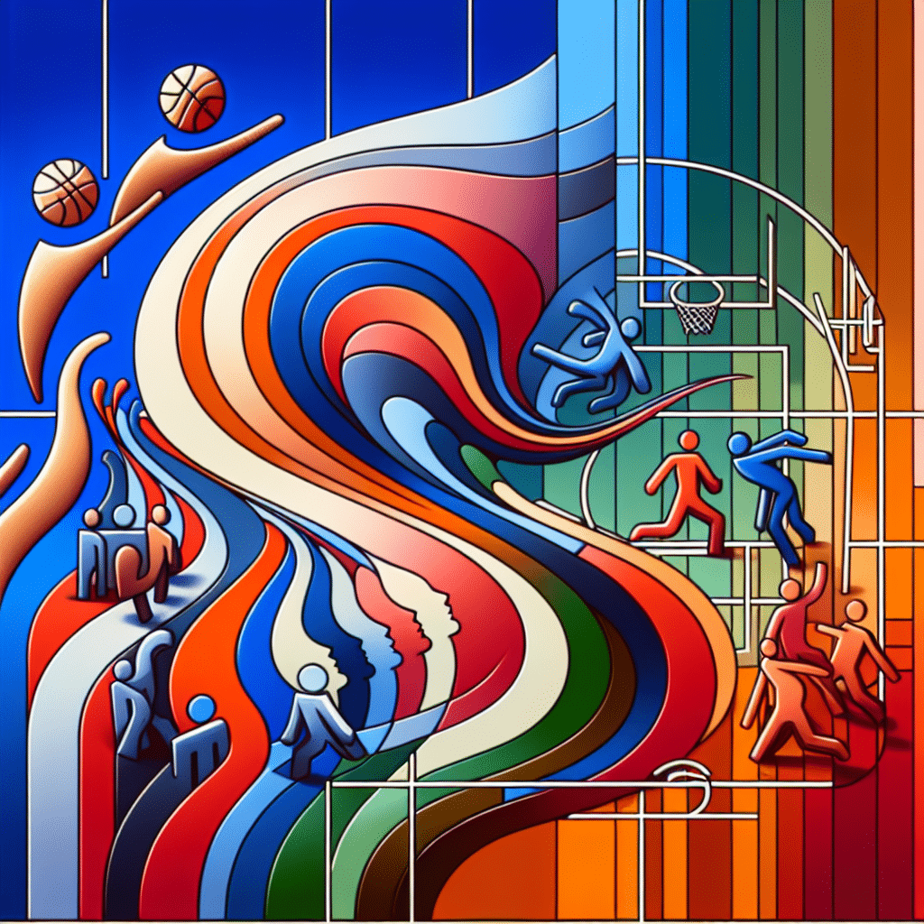 An abstract representation of the intersection between politics and sports. Picture a symbolic political spectrum with different colored sections representing various ideologies, and their interaction with a stylized depiction of a 3-on-3 basketball game. The basketball game is shown in an abstract manner, with dynamic curves symbolizing movement and energy. Please ensure no brand names, logos, or identifiable people are included in the image.