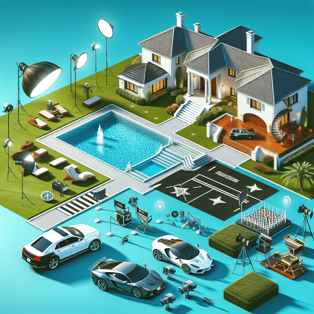 An image representing success in an acting career and substantial wealth, without featuring any human figures. Visualize an impressive mansion with a sprawling estate, a sports car parked in the driveway, and an outdoor swimming pool. Near the mansion, visualize a movie set with props and equipment, indicating a successful acting career. All elements should be displayed without any brand names or logos, and without any text. The scene should be depicted during a bright and sunny day.