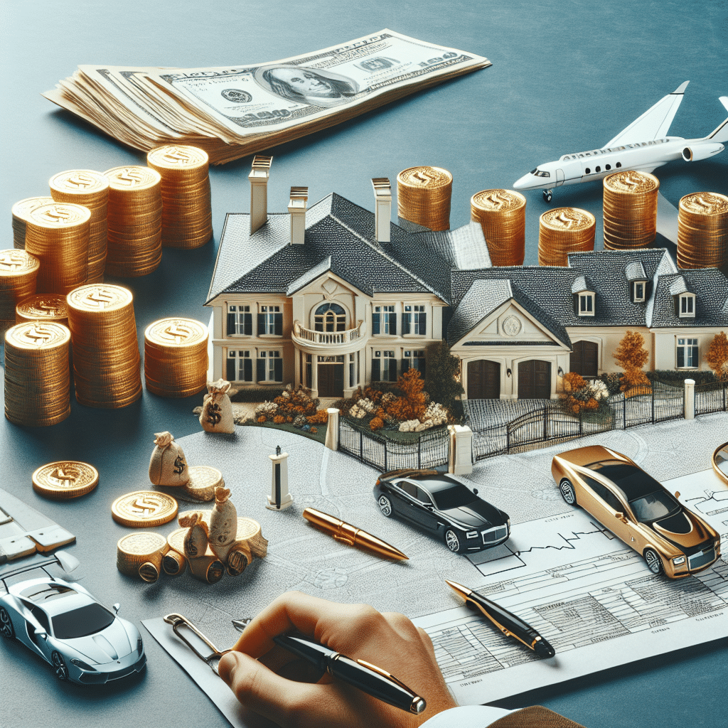 Create an image representing the financial success of an accomplished music producer, post a historic business transaction. It should be symbolic and not include any physical representations of people. Visual elements might include a high-end luxurious mansion, a private jet and expensive luxury cars, all signifying a significant increase in wealth. Additionally, depict a pile of gold coins to symbolize a fortune, without any brand names or specific individuals included. Also, ensure no text of any kind appears within the image.