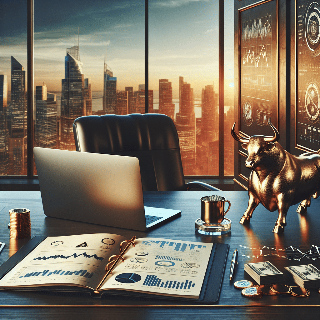 A stately office room with a dark wooden desk bearing a silver laptop, representing a successful individual's workspace. On the desk, stacks of cash and a golden bull sculpture symbolizing investments and wealth. Next to it, an open portfolio with infographics and charts symbolizing analytics of investments. A panorama window in the background revealing a skyscraper-laden cityscape, indicative of urban business endeavors. They're shrouded in the warm glow of a setting sun, representing the culmination of a day's hard work. None of these items bear any textual or logo markings.