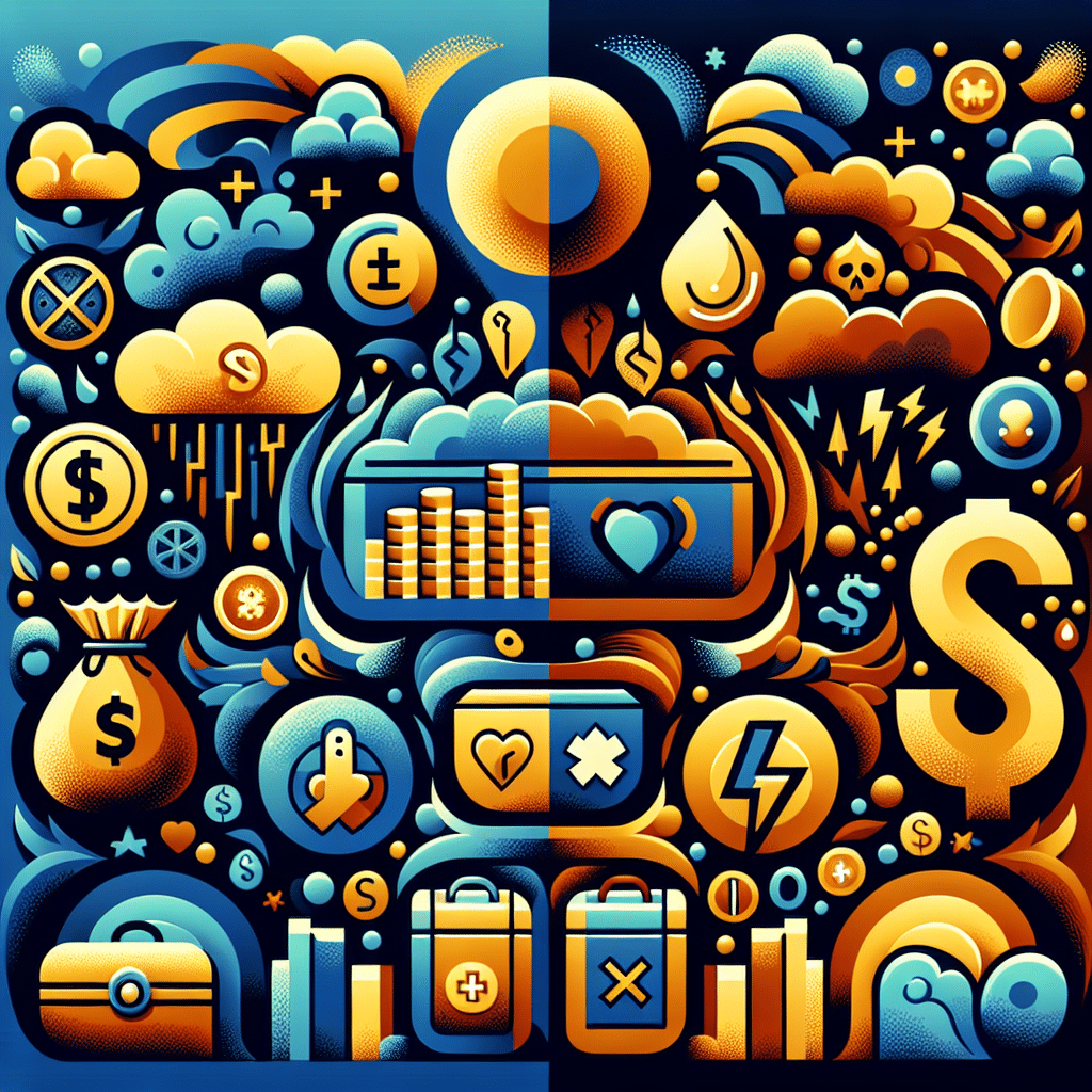 An abstract representation of financial success and health scares without any human figures. The left side of the image illustrates wealth through symbols such as a money bag, gold coins, and treasure chest, all done in rich colors. The right portion displays symbolism representing health scares like rounded icons for medical emergencies, a lightning symbol and stormy clouds, depicted in cooler, darker tones. No text, brand names, or logos should be present. The colors should transition smoothly from one side to the other creating a seamless blend in the middle.