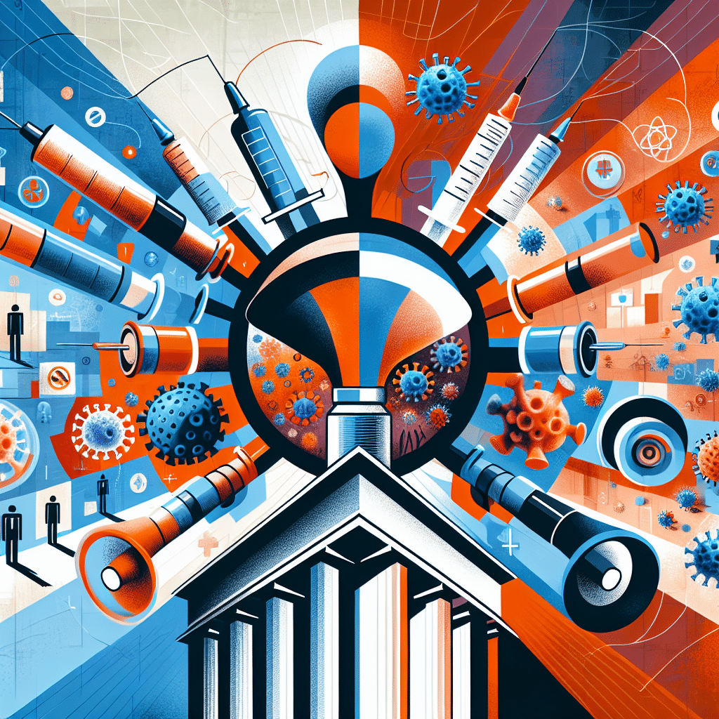 An abstract conceptual artwork free from people, brand names, and text. The image should represent politics and health issues interconnected in an abstract way. Perhaps, feature symbols commonly attributed to politics, like a megaphone or a government building, and aspects related to health and vaccines, such as a syringe or a microscopic view of a virus. Arrange these elements in an energetic but balanced composition with contrasting colors. Make sure to exclude any recognisable landmarks or company logos.