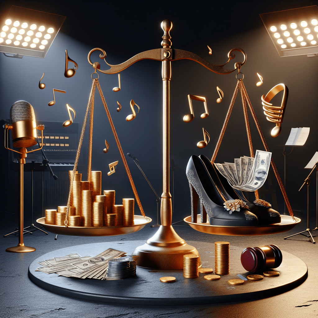 An image representing the concept of net worth, depicted as a large balance scale. On one side of the scale, there are stacks of generic gold coins and paper bills. On the other side, there's an empty recording studio with a microphone stand, music notes floating around, and a pair of non-branded high-heeled shoes. A gavel is seen in the background, symbolizing the conclusion of a legal trial. The scene is illuminated by a spotlight. Remember, no people, brand names, text, or logos are in the image.
