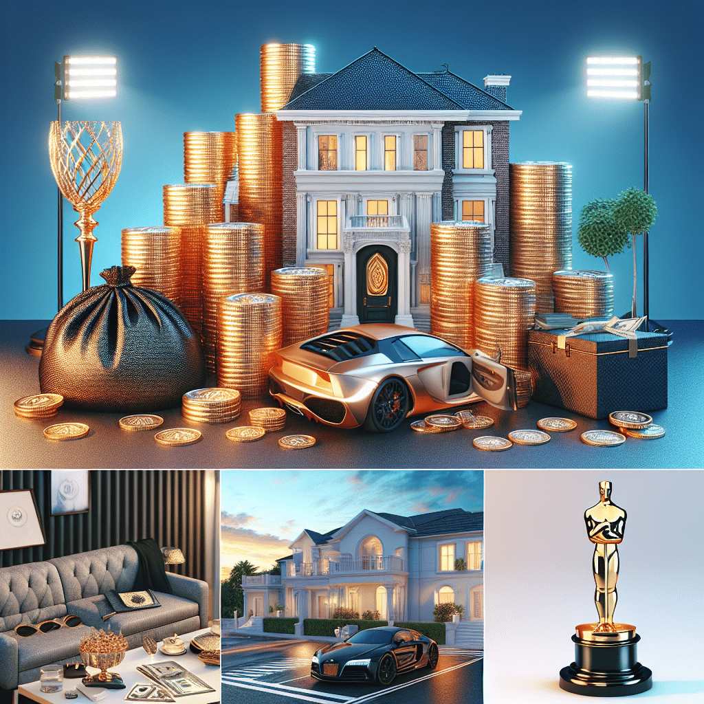 An image representing financial prosperity, depicted as stacked gold coins and a luxurious lifestyle, such as an elegant mansion, luxury car, and top-notch fashion accessories, all evoking opulence and success. Additionally, include a trophy symbolizing movie award such as an Oscar without text on it. All these should be presented without any human presence or brand names. The whole scene is set in a cool, serene evening twilight.